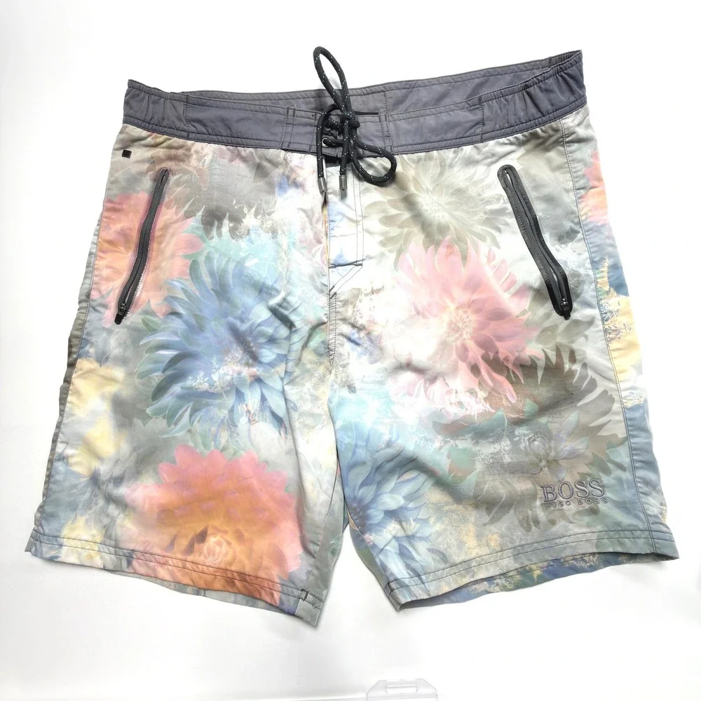 BOSS Hugo Boss Floral Swim Trunks Men's XL Pastel Board Shorts Zip Pockets